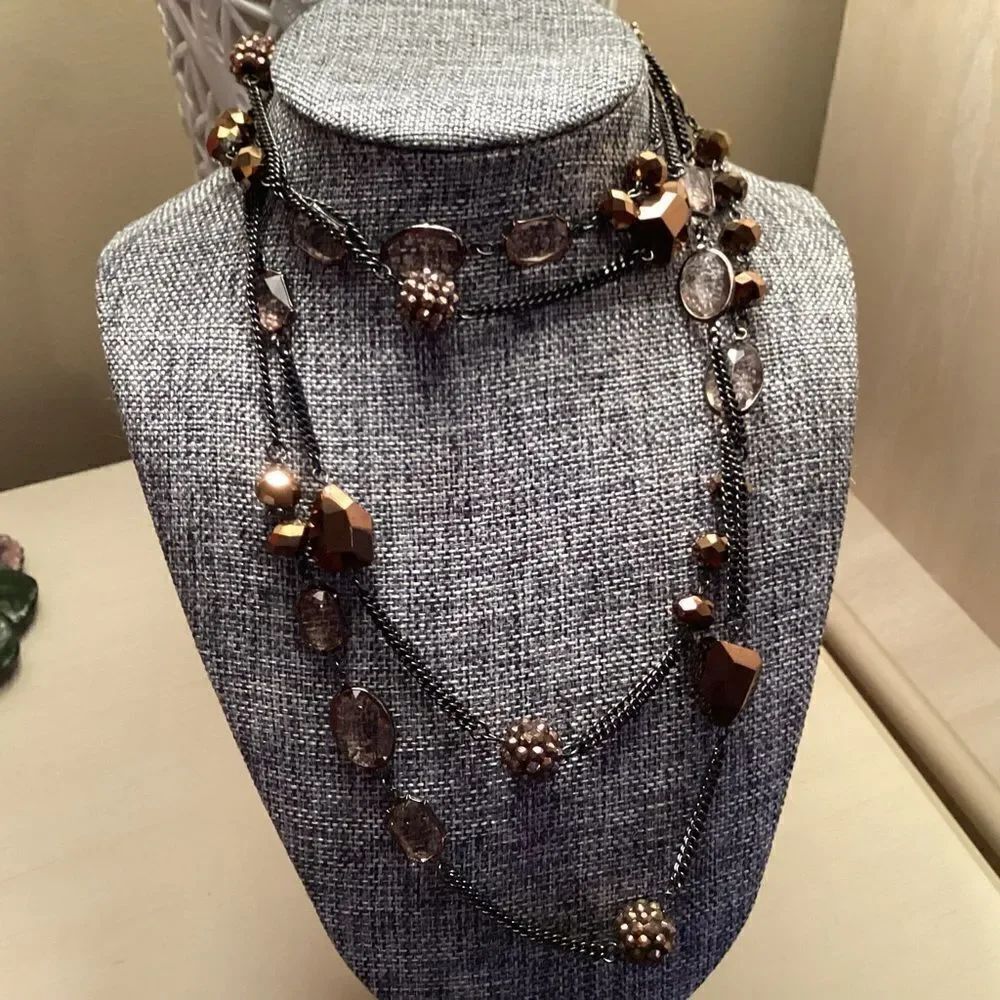 Beautiful Coppertone Metal Double Chain Copper Colored  Beads Necklace